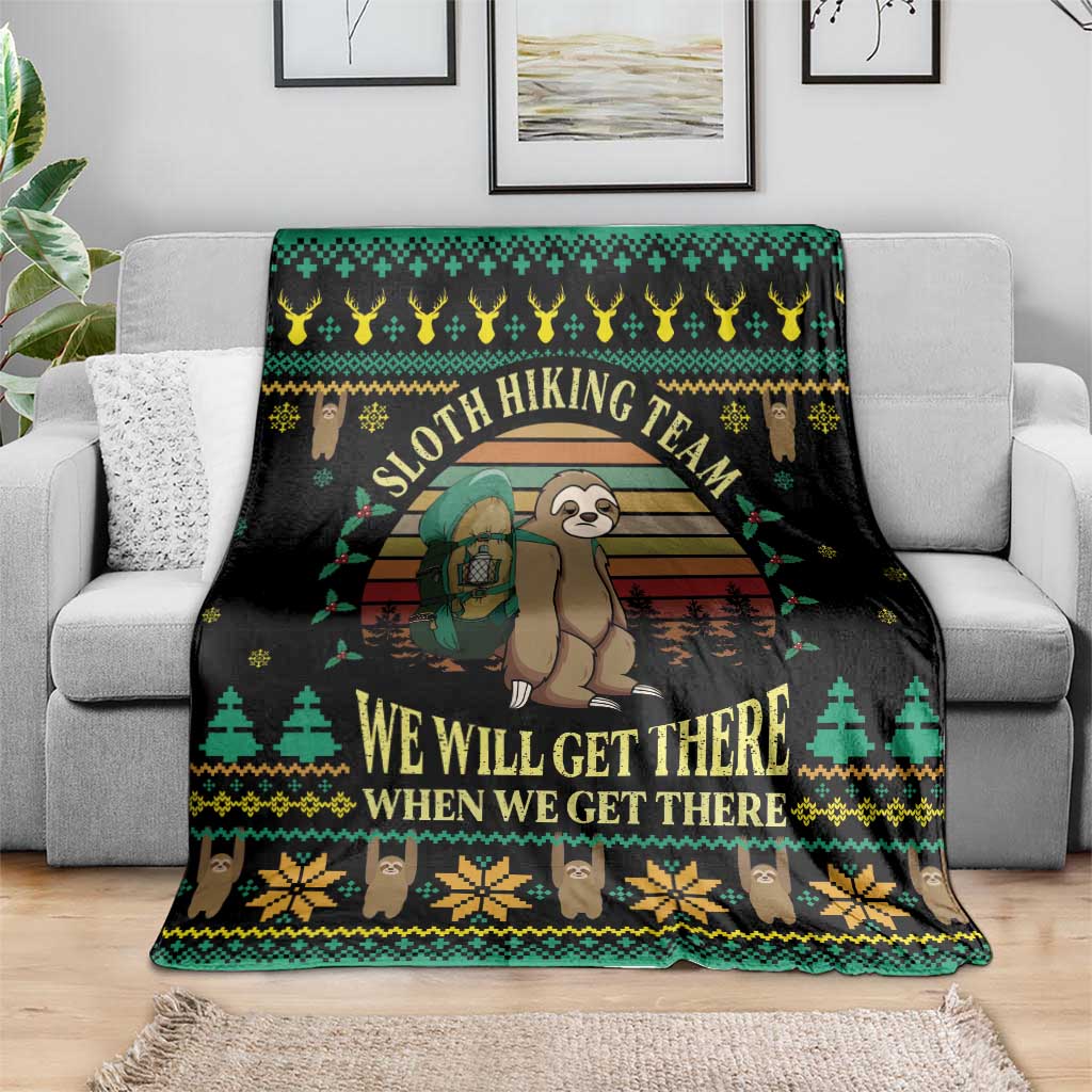 Black sloth hiking team throw blanket with arched slogan and forest knit-style trim