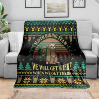 Black sloth hiking team throw blanket with arched slogan and forest knit-style trim