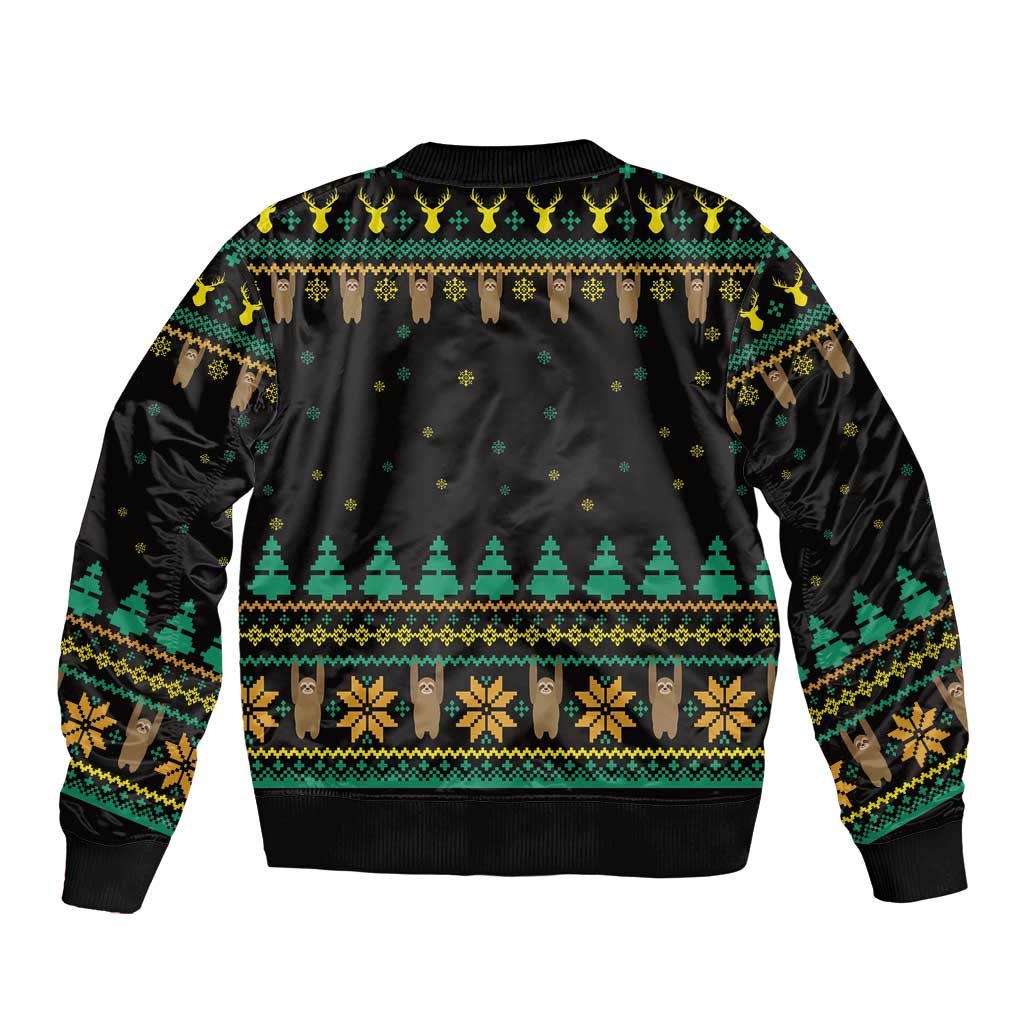 Black bomber jacket back with holiday trees and sloth print, ribbed hem