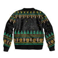 Black bomber jacket back with holiday trees and sloth print, ribbed hem