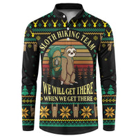 Black sloth Christmas button sweatshirt with hiking team graphic and festive pattern