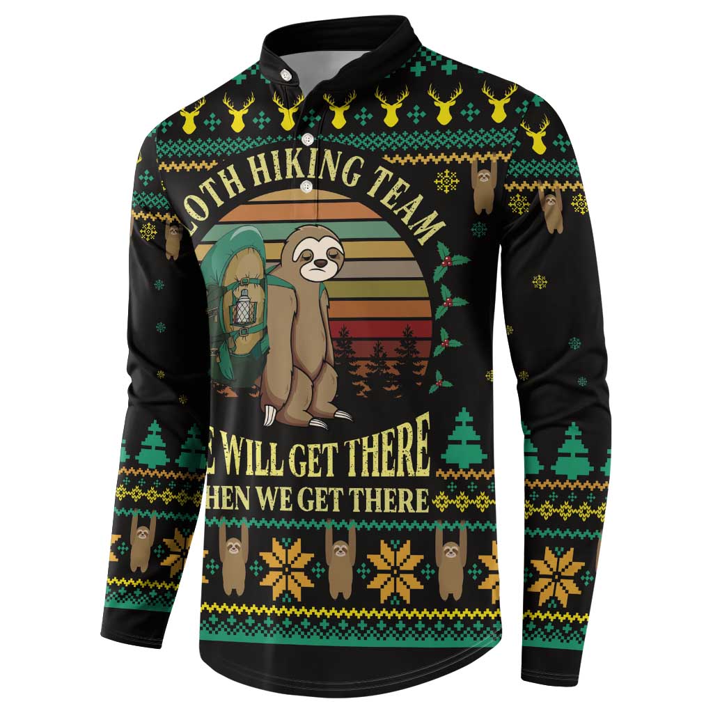 Black sloth Christmas button sweatshirt, front panel with hiking team and slogans