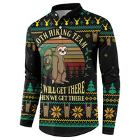 Black sloth Christmas button sweatshirt, front panel with hiking team and slogans