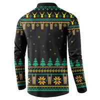 Black sloth Christmas button sweatshirt, back view with holiday trees and sloths