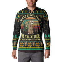 Mens black sloth Christmas button sweatshirt on model, front graphic and collar buttons