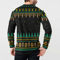 Mens black sloth Christmas button sweatshirt on model, back pattern with trees and sloths