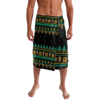 Black wrap-style sarong with green holiday pattern and sloth graphic