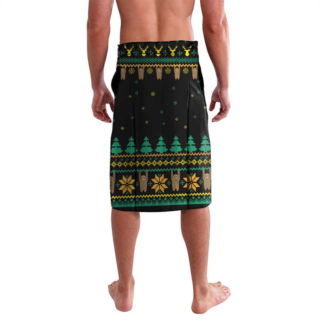 Black wrap-style sarong with green festive stripe pattern and sloth print
