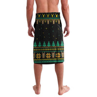 Black wrap-style sarong with green festive stripe pattern and sloth print