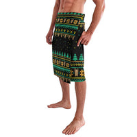 Black wrap-style sarong with green holiday banded print and sloth motif