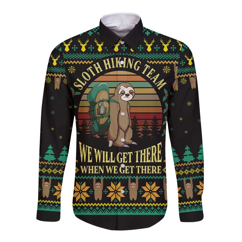 Black long-sleeve button shirt with sloth hiking graphic and festive border