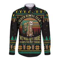 Black long-sleeve button shirt with sloth hiking graphic and festive border