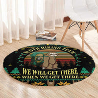 Round black sloth hiking team rug with sloth artwork, evergreen accents, and bold motivational text