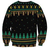 Black unisex sweatshirt with allover sloth pattern, trees, and knit-style trim