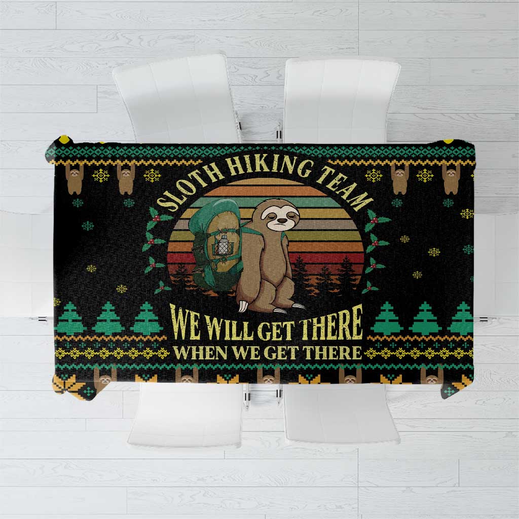 Black sloth team hiking themed tablecloth with green and yellow graphic border