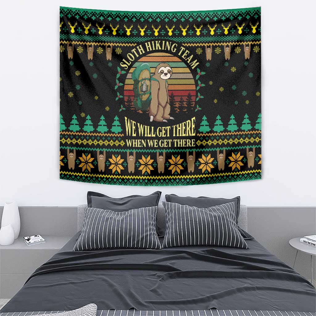 Black sloth hiking team Christmas tapestry with central sloths and striped holiday message
