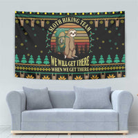 Black sloth hiking team Christmas tapestry with arched sloth scene, teal pine border, yellow trim