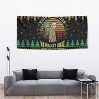 Black sloth hiking team Christmas tapestry with full wrap graphic of sloths, trees, and bold message
