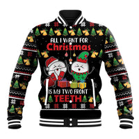 Black unisex baseball jacket with cartoon holiday graphic front and striped ribbed trim