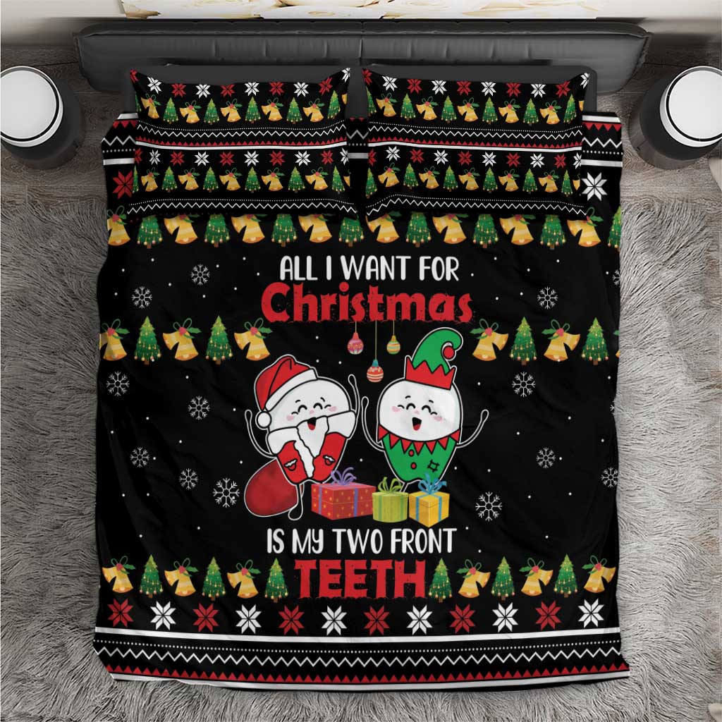 Black Christmas bedding set with front-tooth cartoon characters and festive border pattern