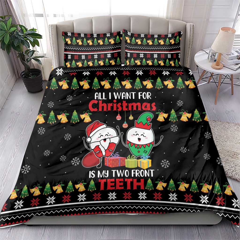 Black Christmas bedding set featuring cartoon boy and elf faces with bold text