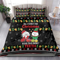 Black Christmas bedding set featuring cartoon boy and elf faces with bold text