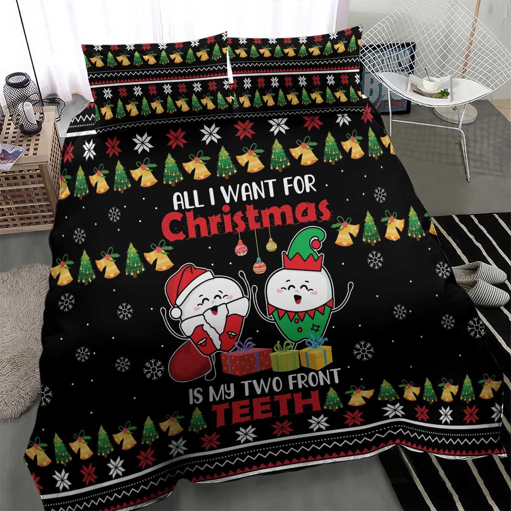 Black Christmas bedding set with cartoon couple holding toothbrushes and decorative icons