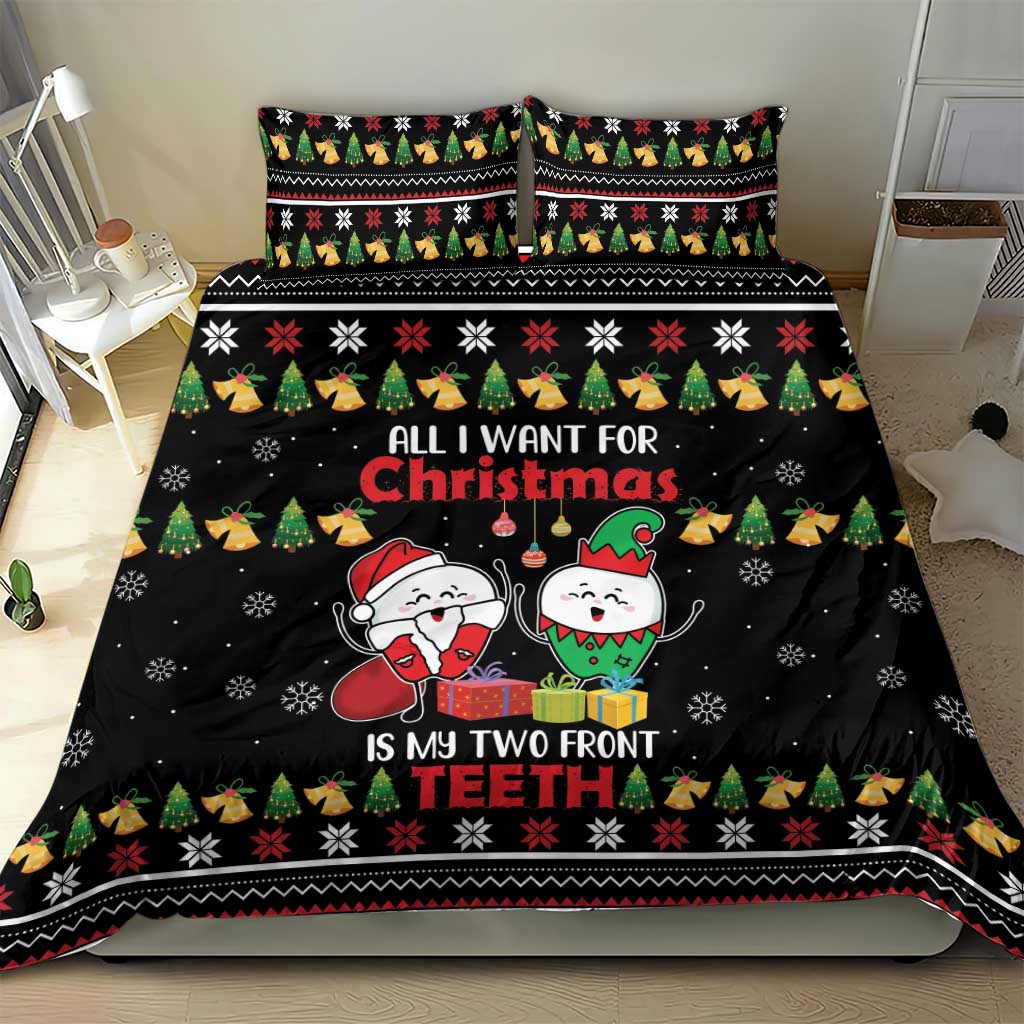 Black Christmas bedding set with large central text, cartoon faces, and patterned trim