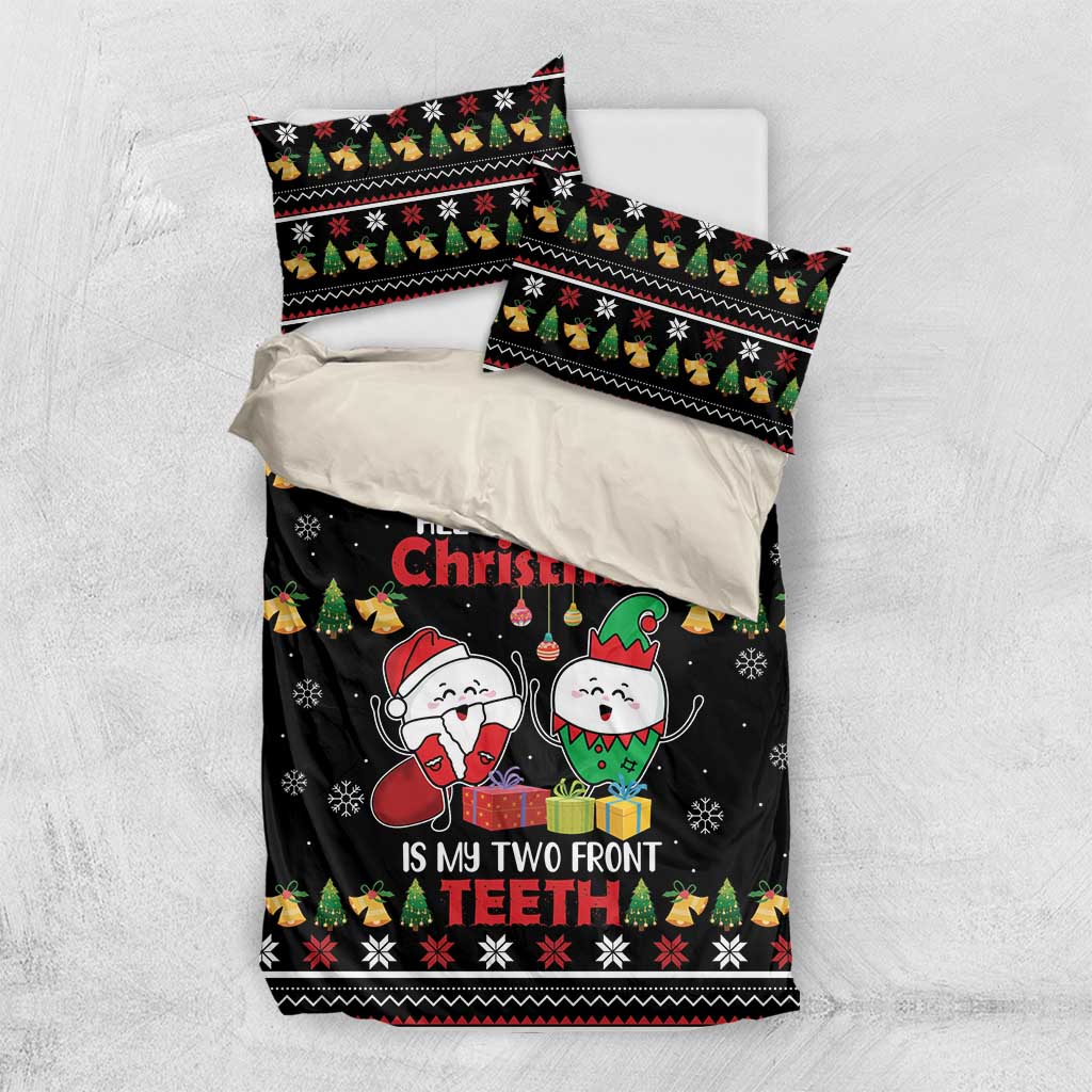 Black Christmas bedding set with matching pillowcases and duvet printed with cartoon faces