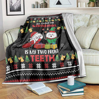 Black Christmas blanket with cartoon Santa and elf, red “front teeth” text