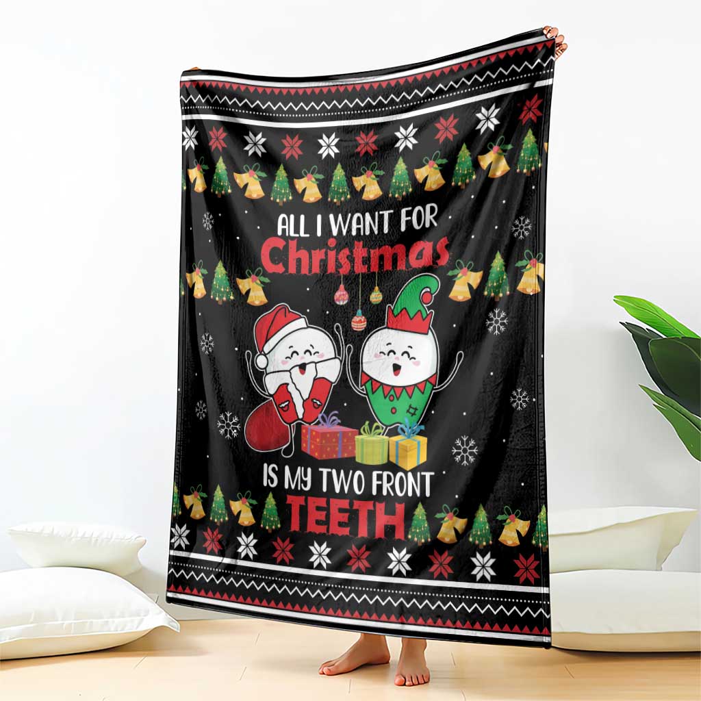 Black throw blanket with Christmas cartoon characters and “two front TEETH” lettering