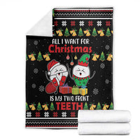 Black Christmas blanket with cartoon Santa and elf, “ALL I WANT FOR Christmas” text