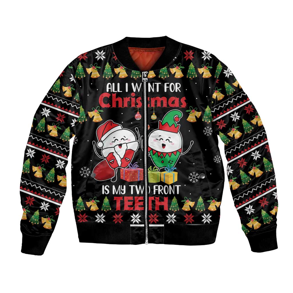 Black bomber jacket with festive front graphic, ribbed collar cuffs, full zipper