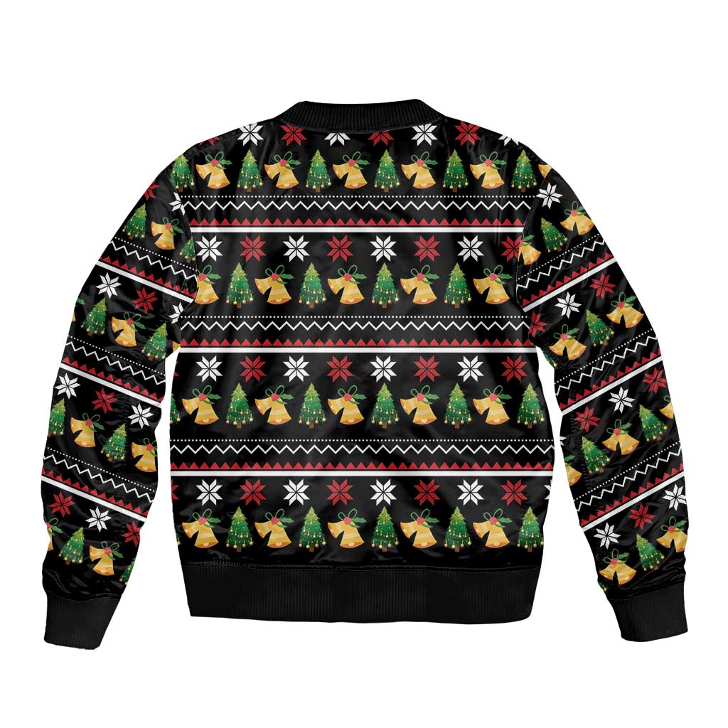 Black bomber jacket with all-over Christmas sweater pattern on back, ribbed hem and cuffs