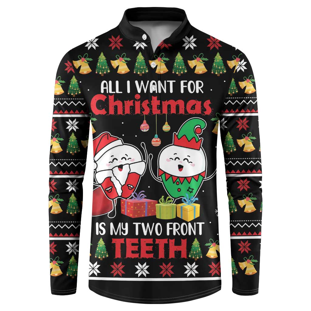Black crewneck button sweatshirt with Christmas graphic and two front teeth