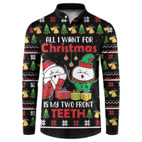 Black crewneck button sweatshirt with Christmas graphic and two front teeth