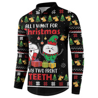 Black crewneck button sweatshirt with Christmas graphic, elf and tooth characters