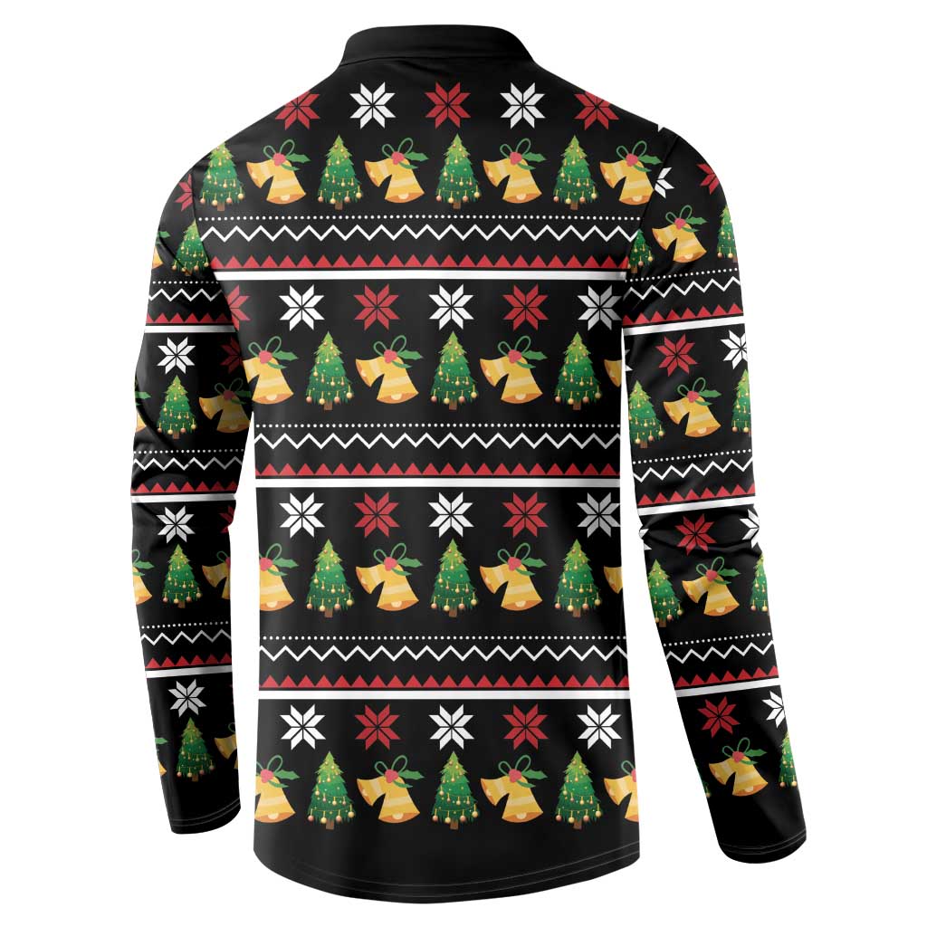 Black crewneck button sweatshirt with holiday stripe pattern and small tree bell motifs