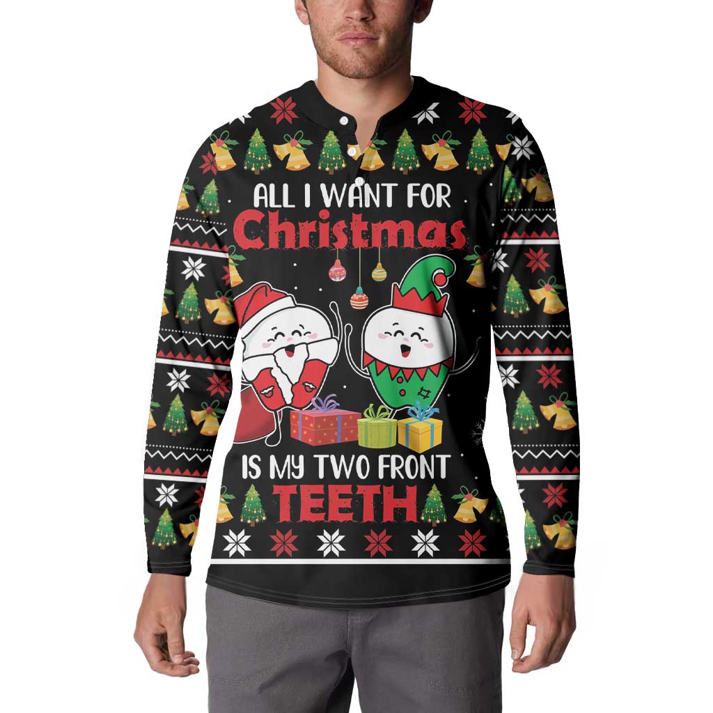 Black crewneck button sweatshirt on model; Christmas text with elf and tooth characters