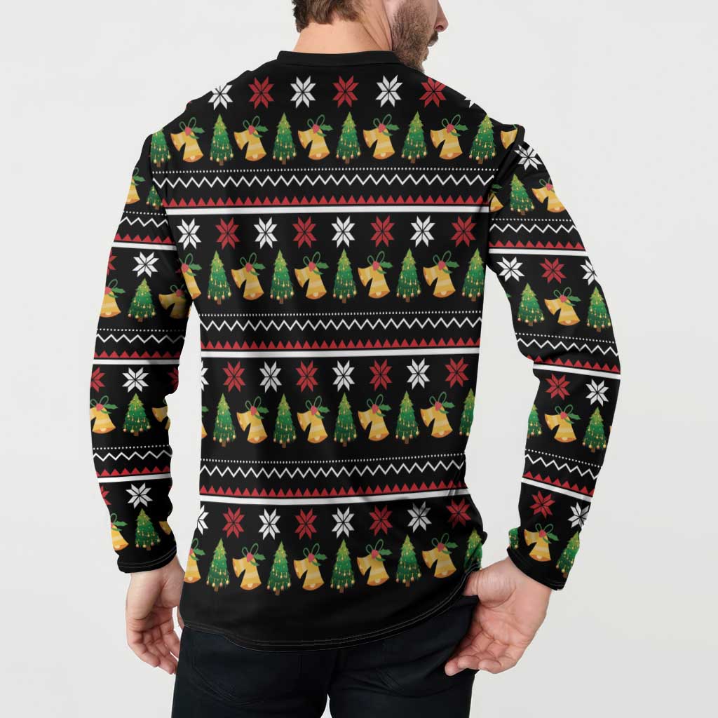 Black crewneck button sweatshirt on model; holiday stripe pattern with bells and trees