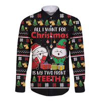 Black long-sleeve button shirt with cartoon front teeth and holiday text
