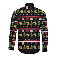 Black long-sleeve button shirt with festive elf and tree pattern