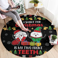 Black round Christmas rug with cartoon Santa and elf faces, colorful trees and gift icons