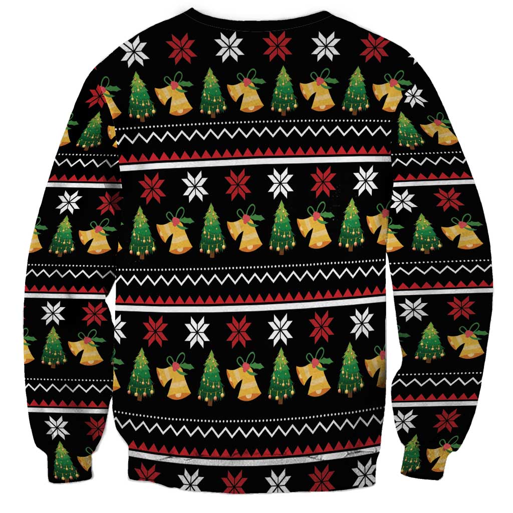 Black unisex Christmas sweatshirt with striped holiday pattern, snowflakes, and ornaments