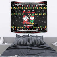 Black Christmas wall tapestry featuring cartoon teeth characters, trees, and holiday patterned trim