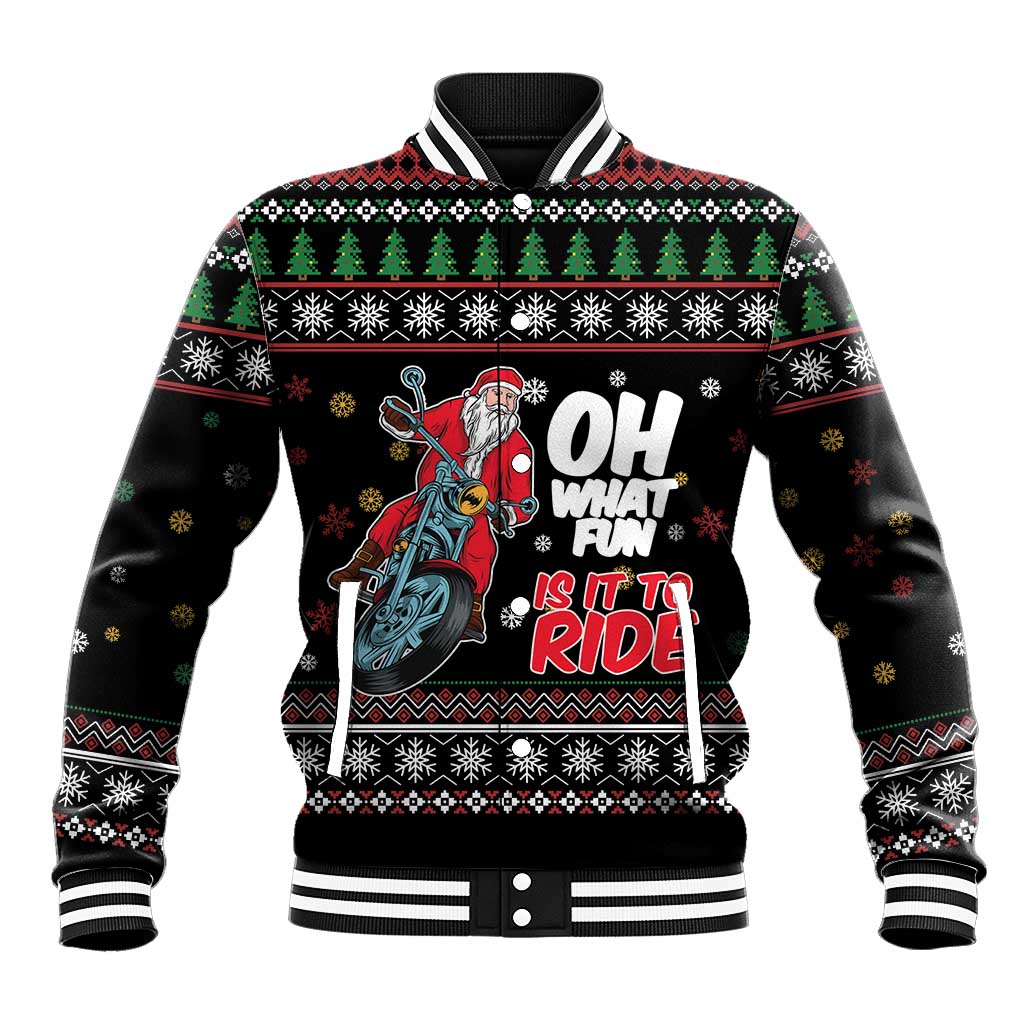 Black holiday baseball jacket with Santa on motorcycle front graphic and ribbed collar