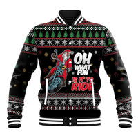 Black holiday baseball jacket with Santa on motorcycle front graphic and ribbed collar