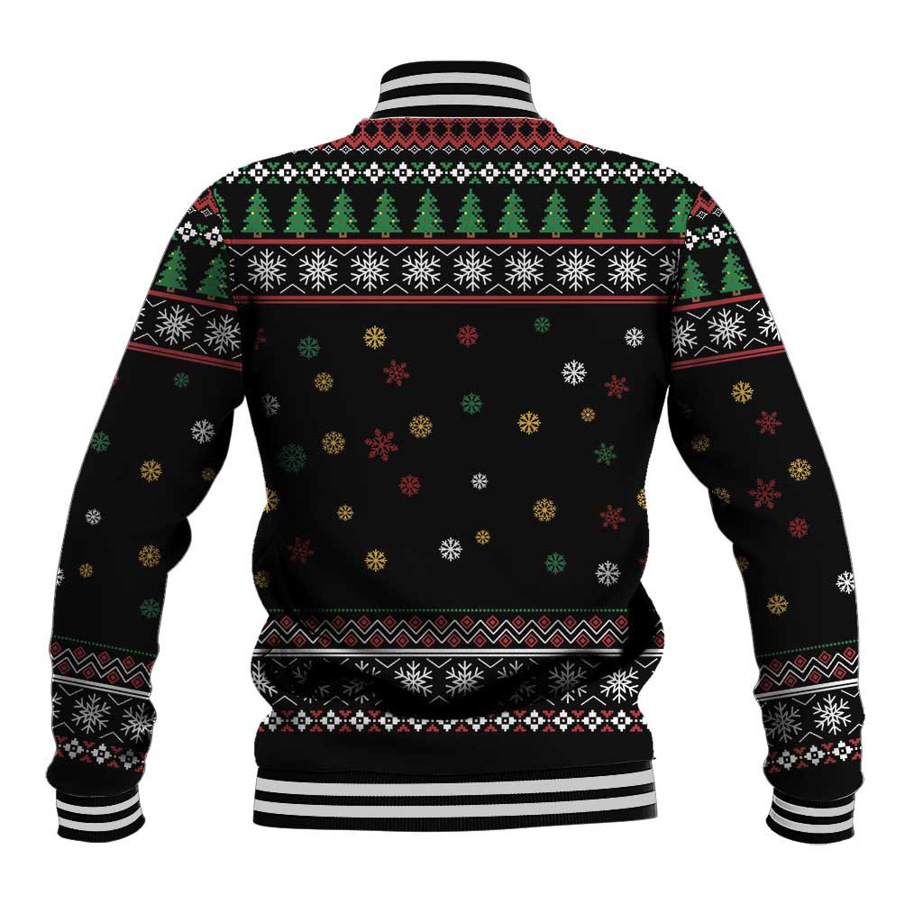 Black holiday baseball jacket with tree and snowflake pattern, striped ribbed cuffs