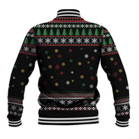 Black holiday baseball jacket with tree and snowflake pattern, striped ribbed cuffs