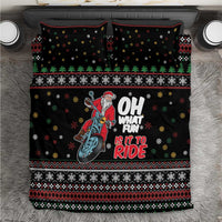 Black holiday bedding set with Santa on a motorcycle, “OH WHAT FUN” text and trim border
